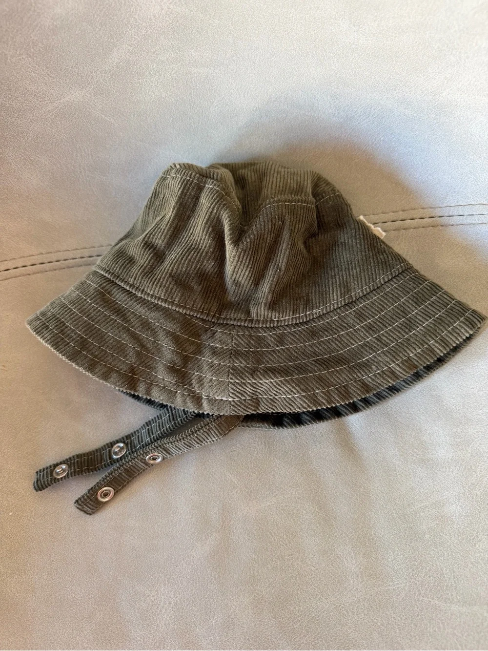 Corduroy Bucket Hat for Kids in Olive with Chin Straps -